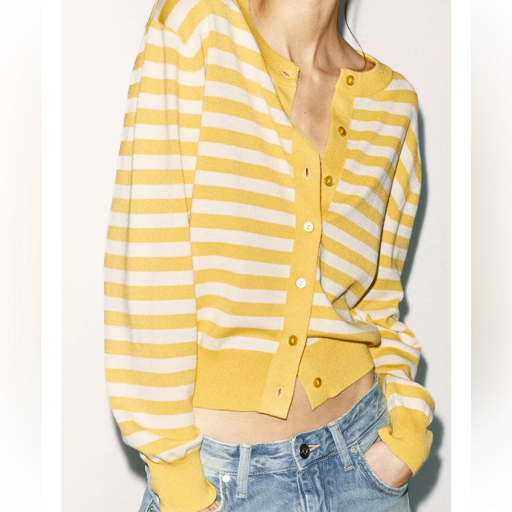 Zara Yellow Striped Women's Cardigan Sweater Size Medium